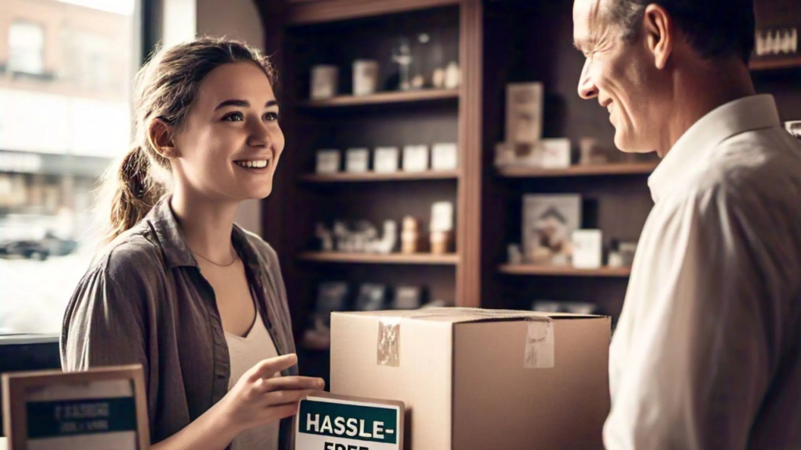 A serene watercolor painting of a cozy boutique with a sign reading "Easy Returns" in the background, where a calm customer hands an item to a kind clerk, surrounded by soft blue and earthy tones.