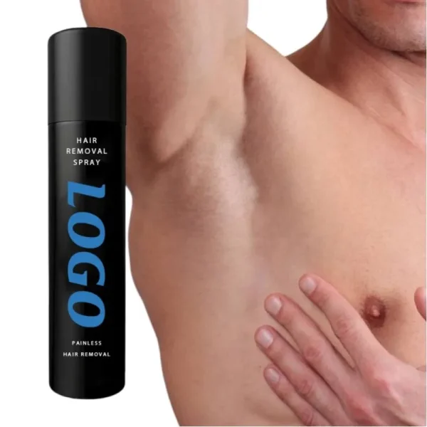 A Blue can of hair removal spray with a , next to smooth, hairless Armpit.