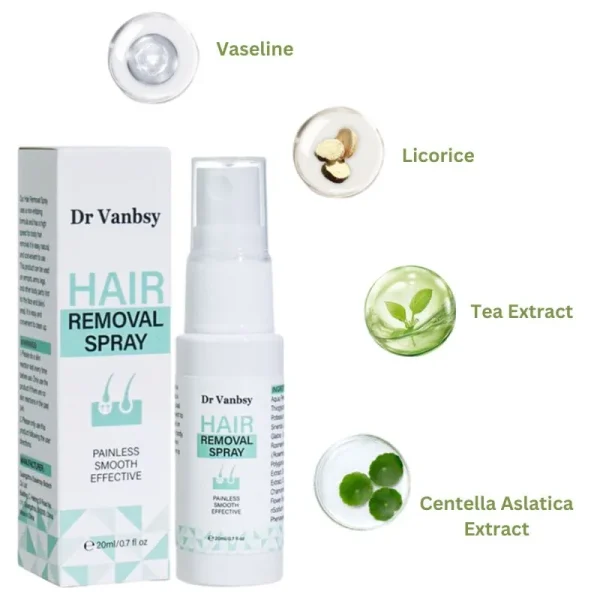 Dr. Vanbsy Hair Removal Spray bottle with key ingredients highlighted.