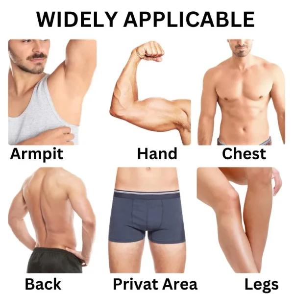 A diagram illustrating common areas for hair removal, including armpits, hands, chest, back, private area, and legs.