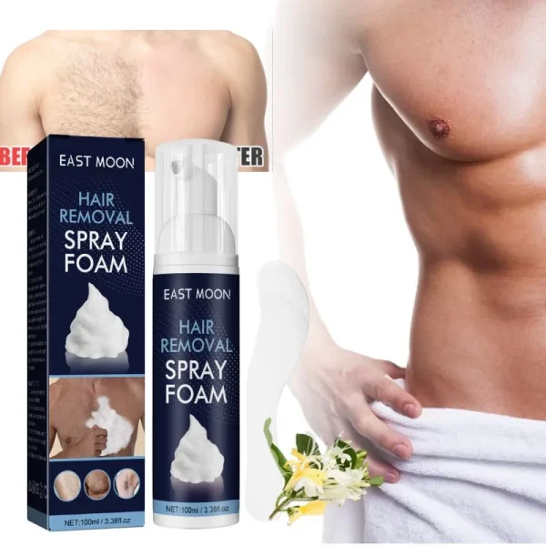 A man confidently displays his smooth chest after using East Moon Hair Removal Spray Foam.