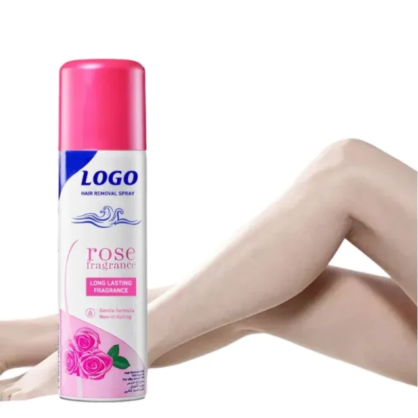 Pink can of hair removal spray with a rose fragrance, gentle formula, and long-lasting scent.