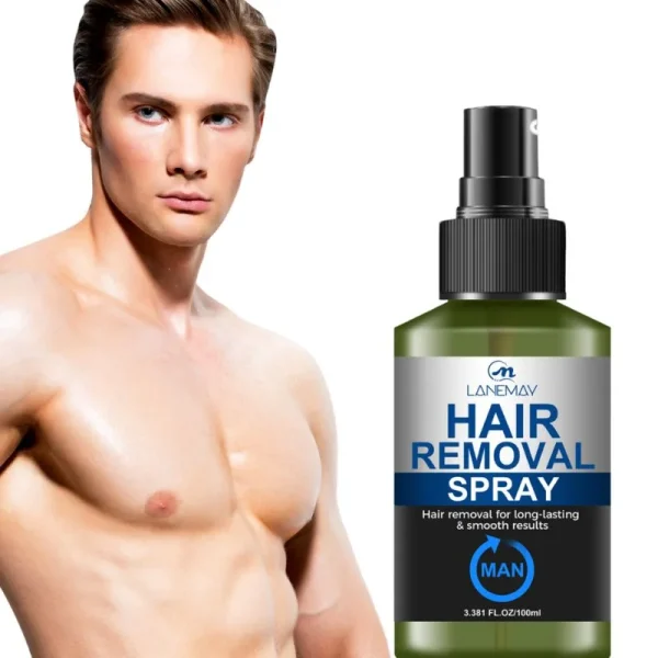 A bottle of hair removal spray designed for men, featuring a clean and modern design.