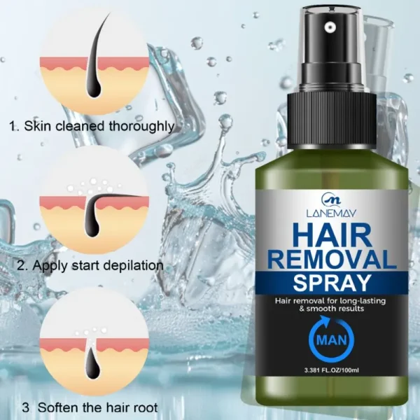 A bottle of hair removal spray designed for men, with step-by-step illustrations showing the hair removal process.