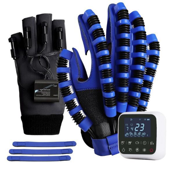 Pair of rehabilitation gloves, one black with wires, one blue with segmented supports, control unit displaying "7423", and three blue straps.