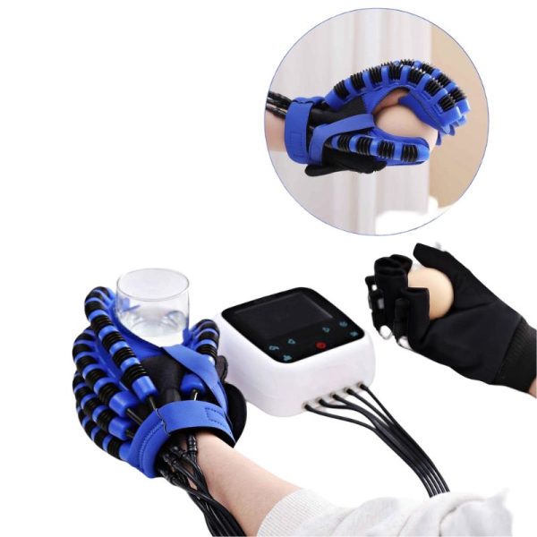 A robotic hand glove assists a person's hand in gripping a glass of water, showcasing its rehabilitation capabilities. A separate inset image shows the glove's intricate blue and black finger attachments.