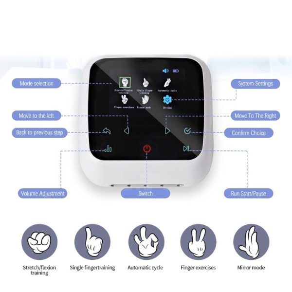 White hand rehabilitation device with screen showing finger exercise modes and settings.