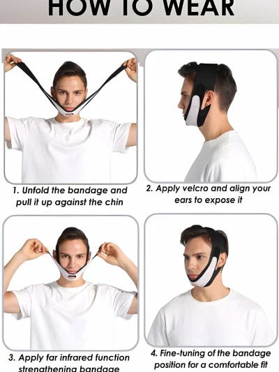 A four-step instructional guide titled "HOW TO WEAR" showing a man demonstrating how to put on a black and white V-line chin slimming strap bandage around his jaw, head, and ears.