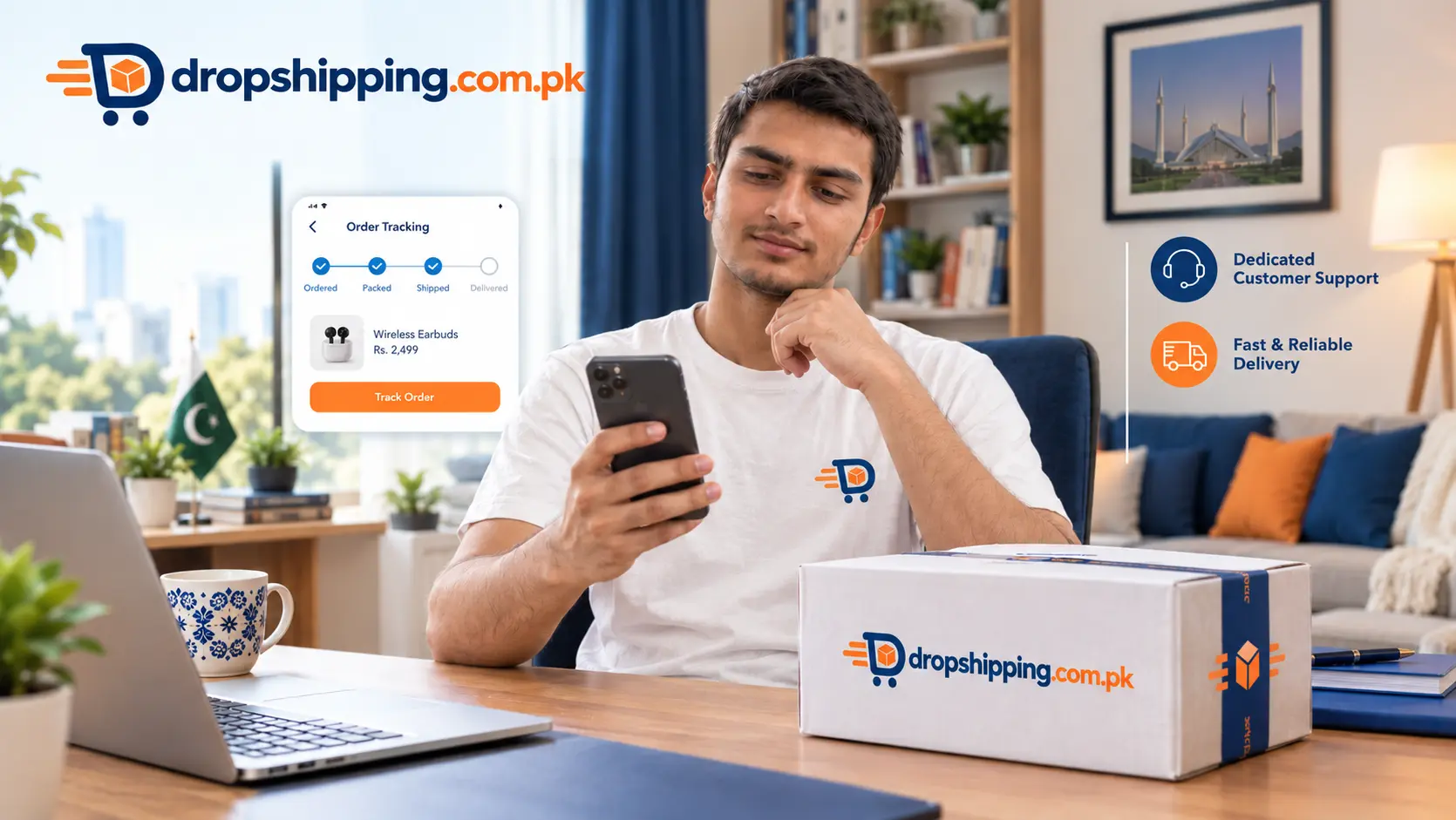Home office setup with a laptop and packaged parcels for DropShipping.com.pk online store launching soon