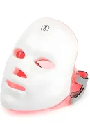 White LED facial beauty mask with red illuminated eye, nose, and mouth cutouts, a touch sensor icon on the forehead, and adjustable side straps against a white background.