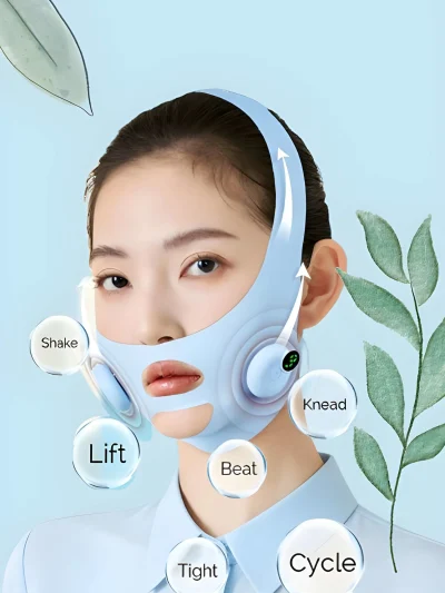 Light blue electric V-face lifting strap worn by a woman, showing circular side control nodes with a digital display screen, white upward graphic arrows, and mode labels in bubbles against a light blue background