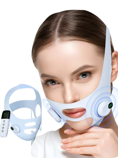 Light blue electric V-face lifting mask strap with wireless remote controller and digital display screen worn by a woman