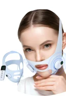 Light blue electric V-face lifting mask strap with wireless remote controller and digital display screen worn by a woman