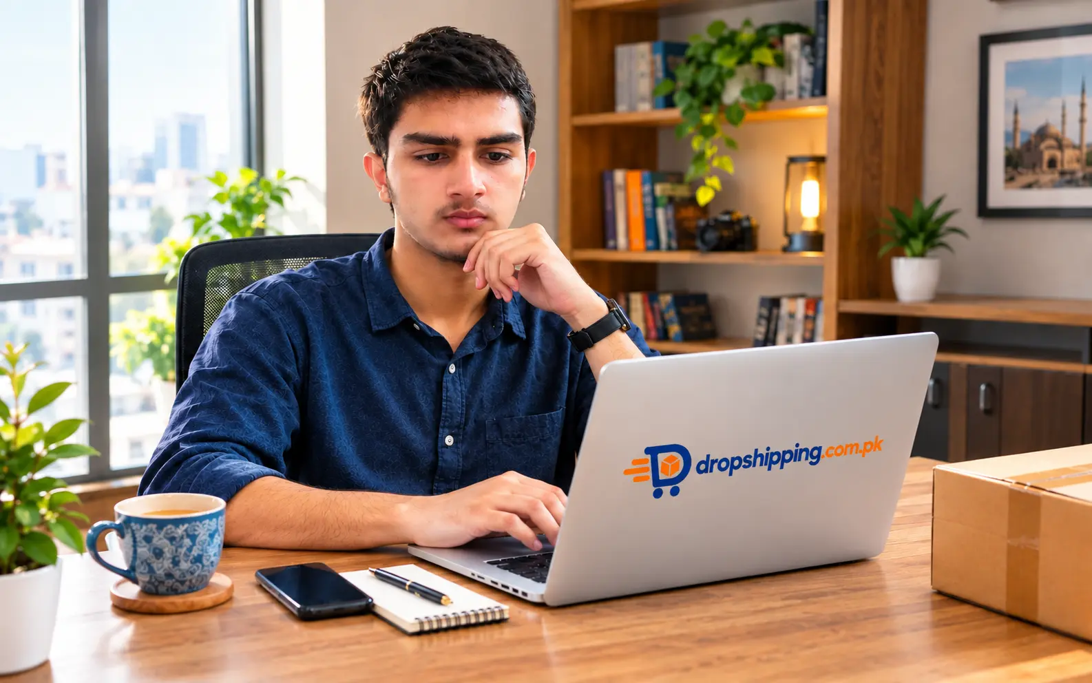 Pakistani customer reading website terms and conditions on a laptop before placing an online order