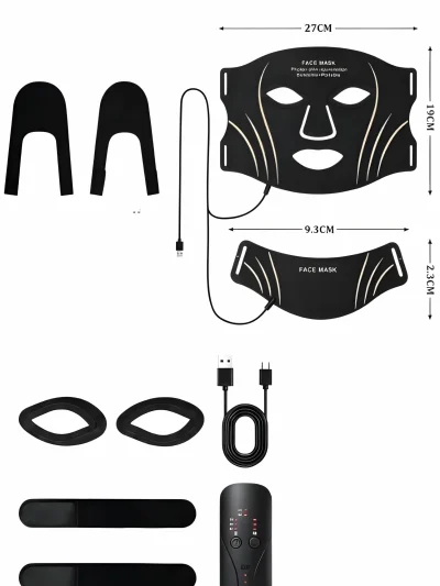 Black flexible LED face and neck beauty mask set with connecting cables, remote controller, eye protection covers, and adjustable black straps displayed on a white background with dimension markings.