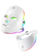 White LED facial mask and neck beauty device showing multi-color light glow effect with touch control buttons.
