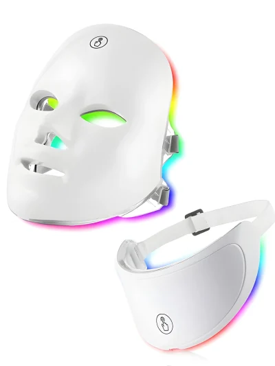 White LED facial mask and neck beauty device showing multi-color light glow effect with touch control buttons.