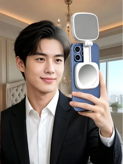 A man holding a smartphone fitted with a white magnetic foldable fill light panel and a circular mirror base attachment.