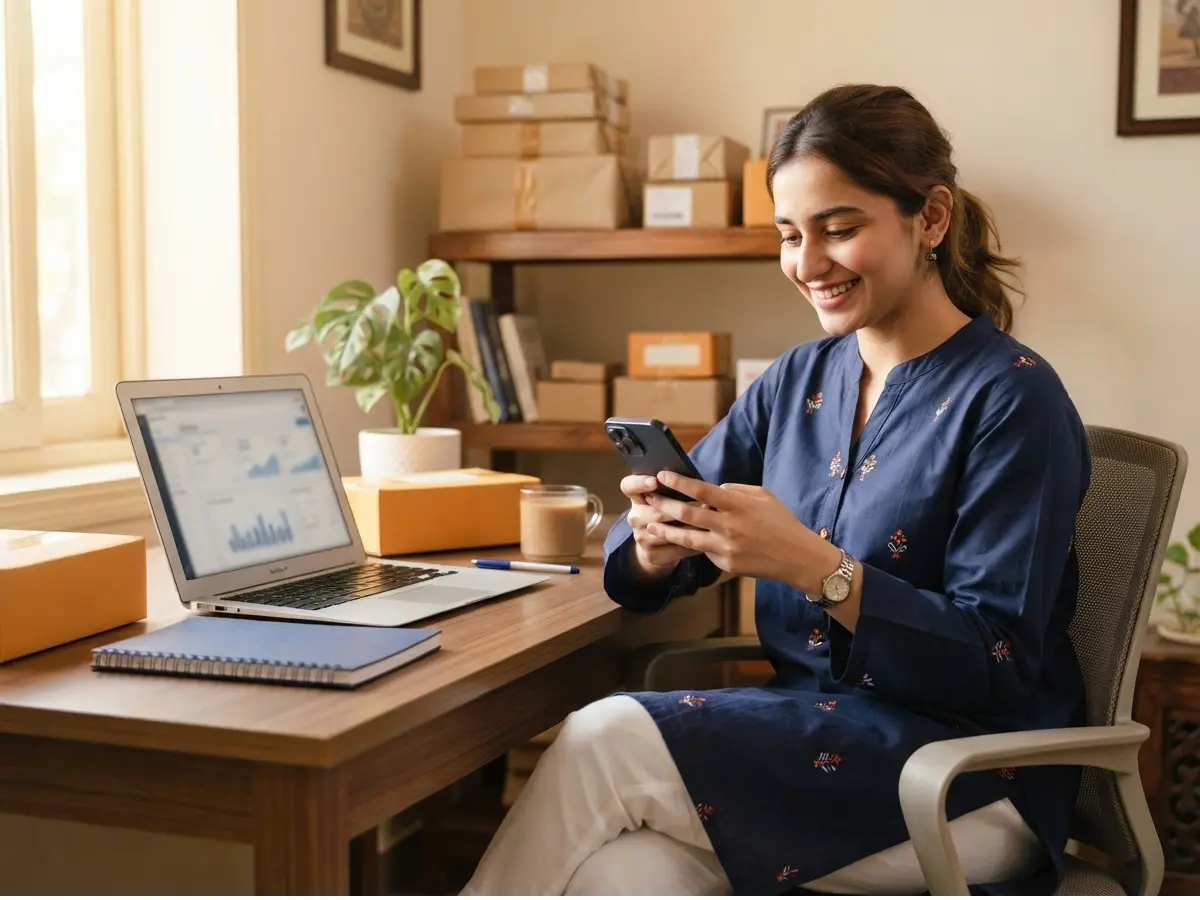 Pakistani student doing dropshipping on a laptop and phone