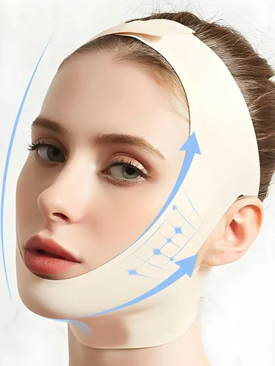 A woman wearing a beige V-line face slimming belt strap wrapped around her chin, cheeks, and head with blue directional arrows indicating a lifting design.
