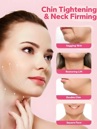 Infographic banner with text reading Chin Tightening & Neck Firming showing a woman's side profile with upward directional arrows along her cheek and jawline, alongside four rectangular inset images labeled Sagging Skin, Restoring Lift, Double Chin, and Square Face.