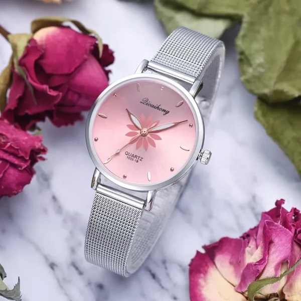 Women’s Wristwatches Luxury Silver Popular Pink Dial Flowers Metal Ladies Bracelet