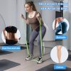 Woman exercising with a green resistance band, demonstrating a workout for a perfect figure targeting the vest line and abs, buttocks, and calves.