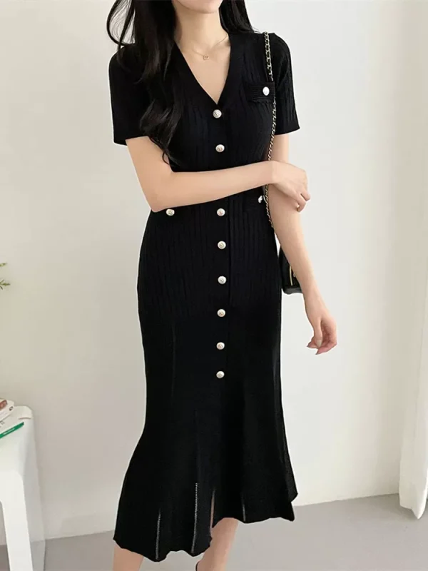 Summer Midi Dress Knitted Black Bodycon Korea Style Dresses 2024