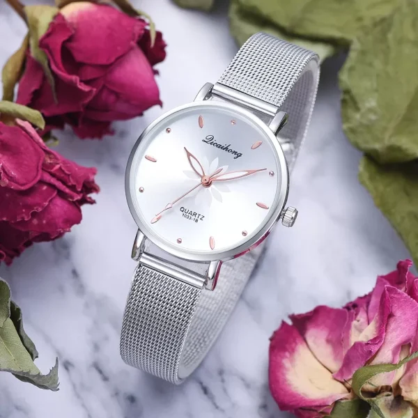 Women’s Wristwatches Luxury Silver Popular Pink Dial Flowers Metal Ladies Bracelet