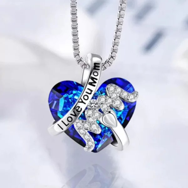 Luxury Fashion “Mom” Pendant Necklace Red Blue Heart Crystal Jewelry Ladies Anniversary Birthday Christmas Mother’s Day Gift