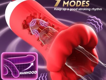 4-in-1 male masturbator with app control and textured sleeve on a nightstand (1).