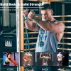 Man exercising with resistance bands for upper body strength, multiple workout options shown for core, legs, back, and arms.