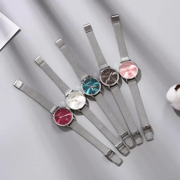 Women’s Wristwatches Luxury Silver Popular Pink Dial Flowers Metal Ladies Bracelet