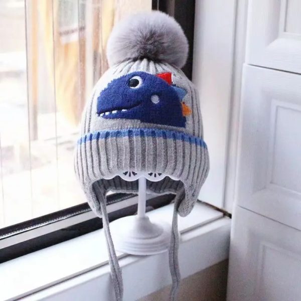 Winter Children’s Thickened Knitted Hats For Boy Girl Cotton Warm Hat Cartoon Dinosaur Kids Toddler Ear Protection Beanies Cap