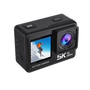 A modern 5K action camera displayed on a surface, highlighting its lens and controls, perfect for adventure photography.