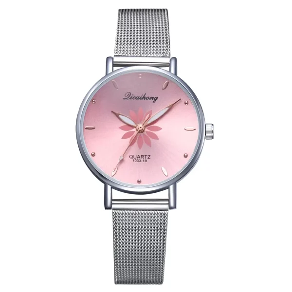 Women’s Wristwatches Luxury Silver Popular Pink Dial Flowers Metal Ladies Bracelet