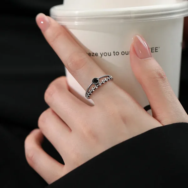 Sterling Silver Black Zircon Wheat Leaf Ring | Double Layer Party Jewelry