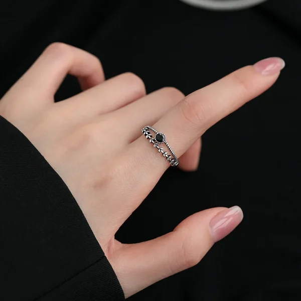 Sterling Silver Black Zircon Wheat Leaf Ring | Double Layer Party Jewelry