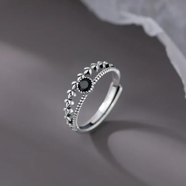 Sterling Silver Black Zircon Wheat Leaf Ring | Double Layer Party Jewelry