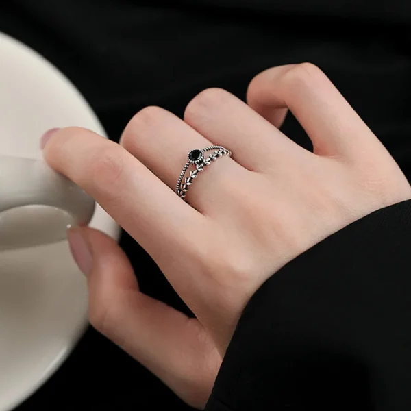 Sterling Silver Black Zircon Wheat Leaf Ring | Double Layer Party Jewelry