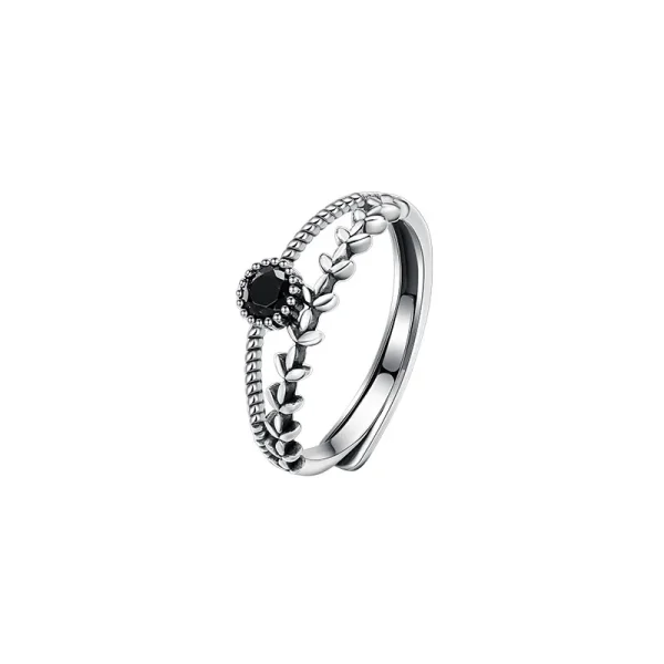 Sterling Silver Black Zircon Wheat Leaf Ring | Double Layer Party Jewelry