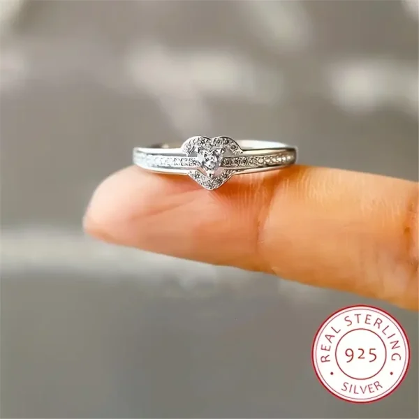 Sterling Silver Hollow Heart Double Layer Diamond Promise Rings For Couple