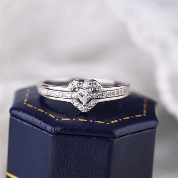 Sterling Silver Hollow Heart Double Layer Diamond Promise Rings For Couple