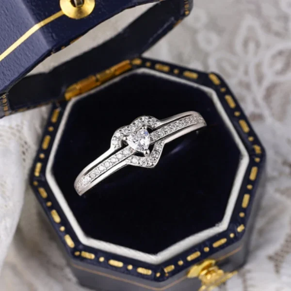 Sterling Silver Hollow Heart Double Layer Diamond Promise Rings For Couple