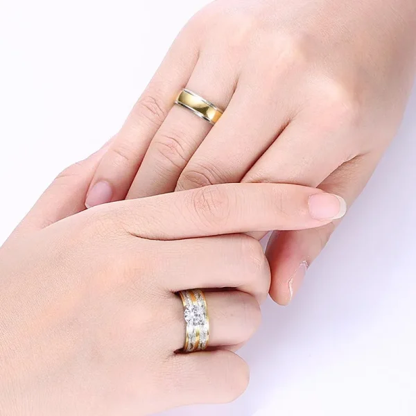 Couple Rings – Women Exquisite Rhinestones Zirconia Rings Set Simple Stainless Steel Men Ring Fashion Jewelry For Lover Gifts