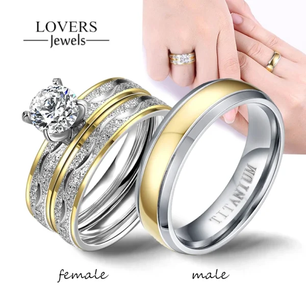 Couple Rings – Women Exquisite Rhinestones Zirconia Rings Set Simple Stainless Steel Men Ring Fashion Jewelry For Lover Gifts
