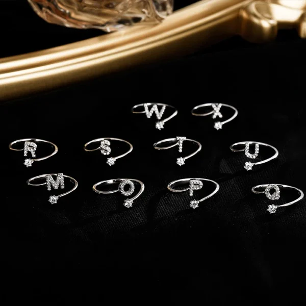 Fashion 925 Sterling Silver 26 Letter Ring Sparkling Diamond Zircon Open Ring Index Finger Your Name Ring Birthday Party Jewelry