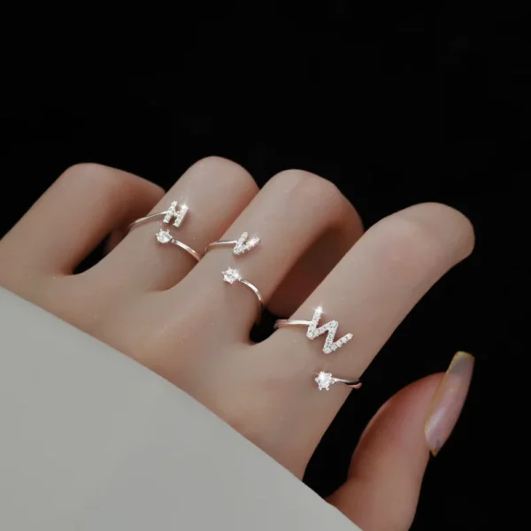 Fashion 925 Sterling Silver 26 Letter Ring Sparkling Diamond Zircon Open Ring Index Finger Your Name Ring Birthday Party Jewelry