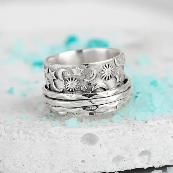 Huitan Caved Sun Moon Star Finger Ring for Women Retro Wide Rings Hip Hop Bohemia Style Girls Accessories Unique Female Jewelry