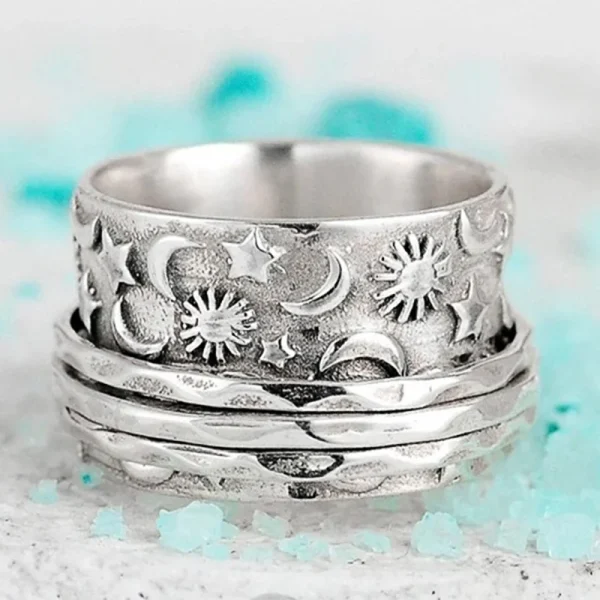Huitan Caved Sun Moon Star Finger Ring for Women Retro Wide Rings Hip Hop Bohemia Style Girls Accessories Unique Female Jewelry